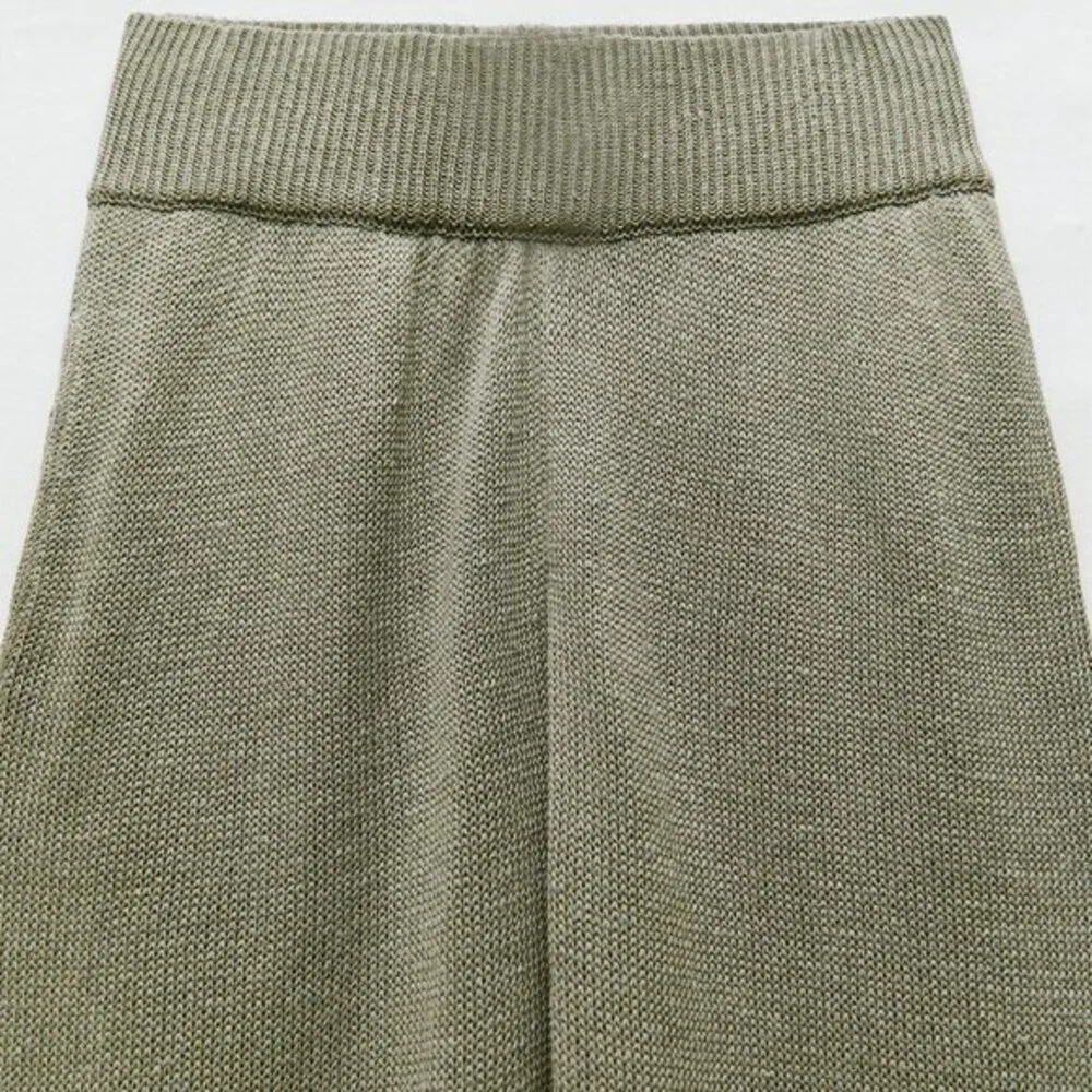 Green Zara Linen Blend Elastic Waist Knit Lounge Joggers Pants (NWT)